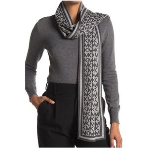 Michael Kors Bordered MK Logo Print Muffler Scarf – Pearl Heather, Acrylic Knit